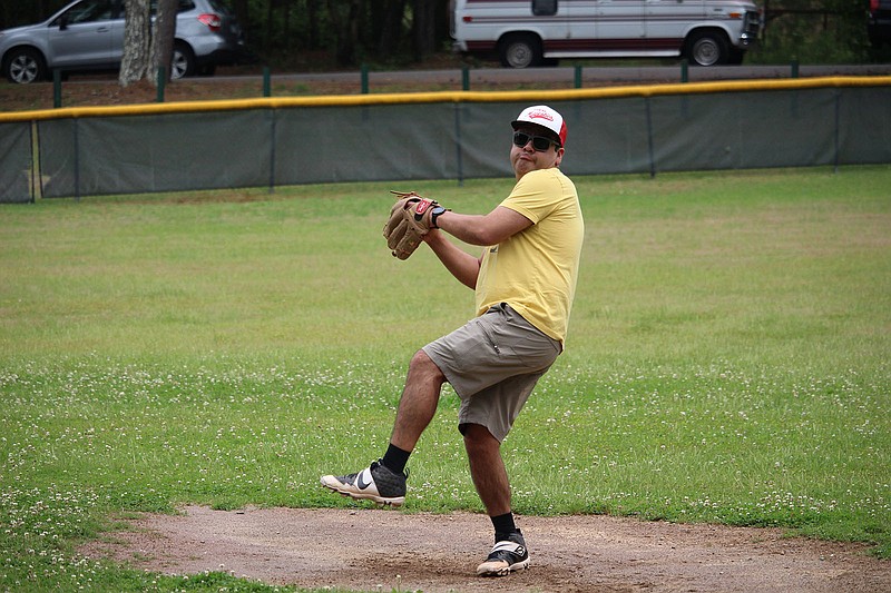 Hot Springs sandlot baseball team captain Bucky Monreal pitches Sunday at Baseball Trail Park. - Photo by Krishnan Collins of The Sentinel-Record