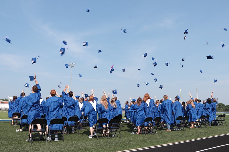 Submitted photo
South Callaway High School's Class of 2023 throw their graduation caps in the air at the end of Sunday's graduation ceremony. 59 students graduated from South Callaway this year.