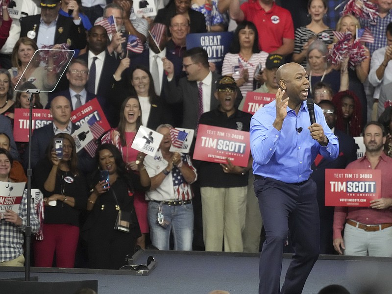 Sen. Tim Scott, R-S.C. Scott gives remarks at his presidential campaign announcement event at his alma mater, Charleston Southern University, on Monday, May 22, 2023, in North Charleston, S.C. Scott formalized his bid last week with federal campaign paperwork. (AP Photo/Meg Kinnard)