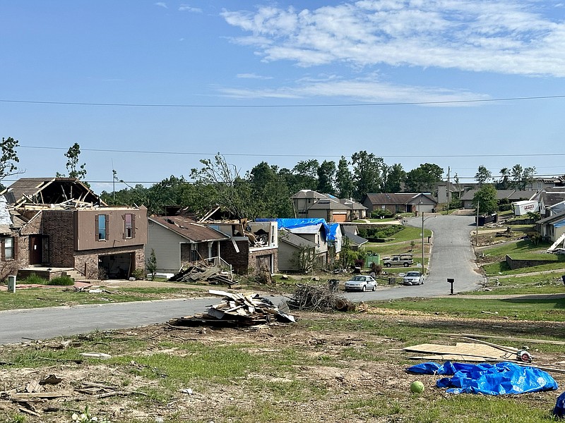 Damaged houses shown Friday May 19, 2023 on Ludington Cove in Little Rock, seven weeks after the tornado hit. (Aaron Gettinger/Arkansas Democrat-Gazette)