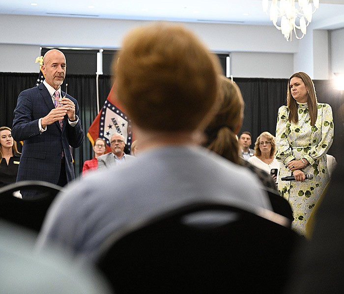 Secretary of Education Jacob Oliva, left, and  Governor Sarah Huckabee Sanders answer questions from the audience about the LEARNS act during a town hall discussion at the Cabot Veterans Park Event Center on Monday, May 22, 2023.

(Arkansas Democrat-Gazette/Stephen Swofford)