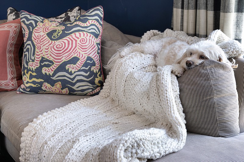 The back cushions of this down-stuffed ticking stripe sectional sofa is a favorite napping spot of Annes pup, Oliver. (Handout/TNS)
