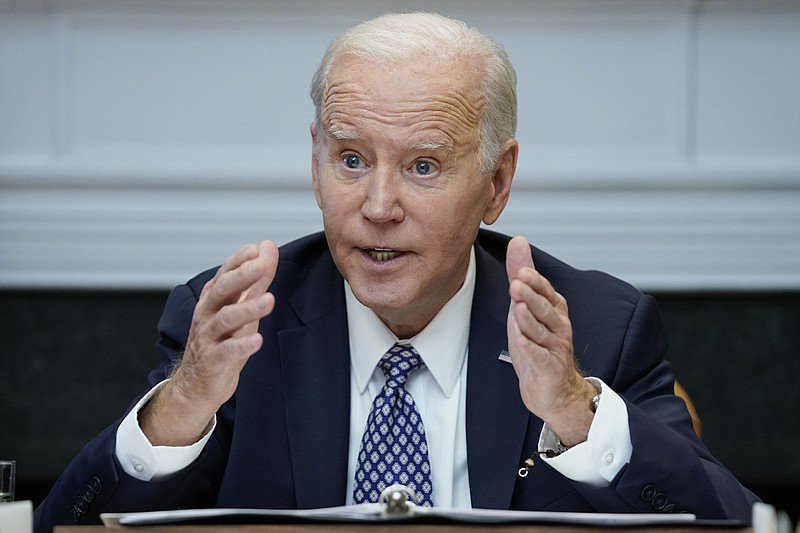 FILE - President Joe Biden speaks during a meeting with his &quot;Investing in America Cabinet,&quot; in the Roosevelt Room of the White House, Friday, May 5, 2023, in Washington. Biden would veto a House GOP bill that aims to restrict asylum, build more border wall and cut a program that allows migrants a chance to stay in the U.S. lawfully for two years, an administration official said Monday, May 8. (AP Photo/Evan Vucci, File)