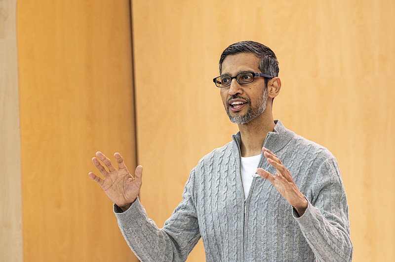 Sundar Pichai, chief executive officer of Alphabet Inc., during the Google I/O Developers Conference in Mountain View, California, U.S., on Wednesday, May 10, 2023. Google introduced a new large language model, used for training artificial intelligence tools like chatbots, known as PaLM 2, and said it has already woven it into many of the internet search company's marquee products. MUST CREDIT: Bloomberg photo by David Paul Morris