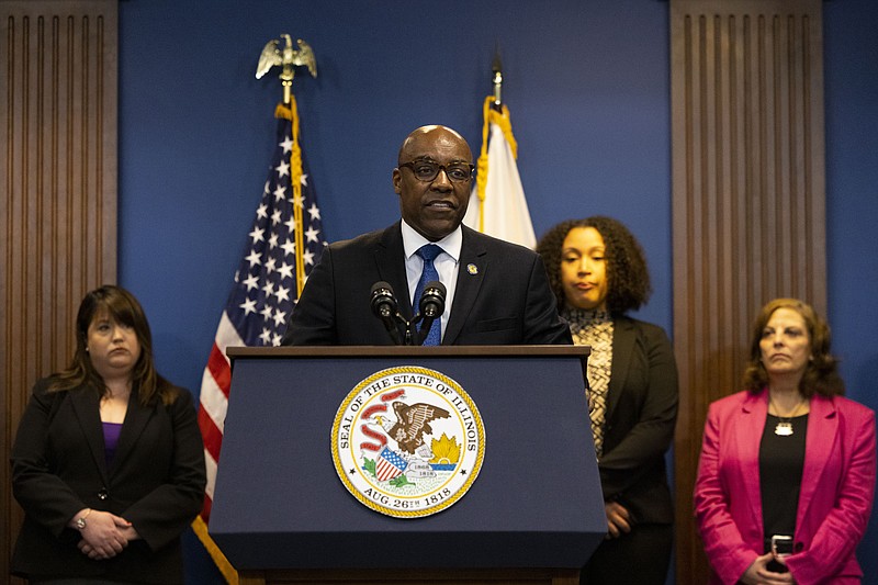Illinois Attorney General Kwame Raoul speaks on the findings of his office's investigation into Catholic Clergy Child Sex Abuse in Chicago, on Tuesday, May 23, 2023. Raoul released the results of a sweeping investigation into allegations of sexual abuse by Catholic clergy in the state on Tuesday. (Eileen T. Meslar/Chicago Tribune via AP)