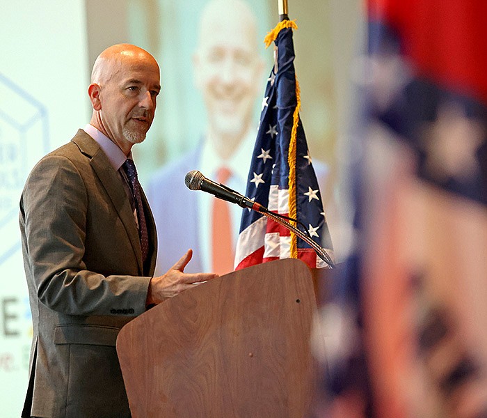 Arkansas Education Secretary Jacob Oliva addresses the audience at the Arise Conference on charter schools at the Robinson Center on Tuesday, May 23, 2023. (Arkansas Democrat-Gazette/Colin Murphey)