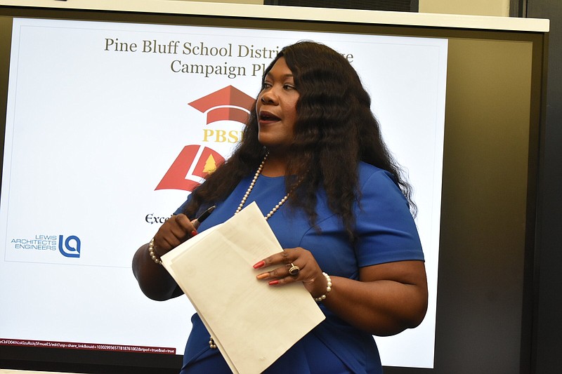 Pine Bluff High School Principal Ronnieus Thompson details "The Seven Habits of Highly Effective Teens" during a district board meeting Monday at the Jordan-Chanay Administration Building. (Pine Bluff Commercial/I.C. Murrell)