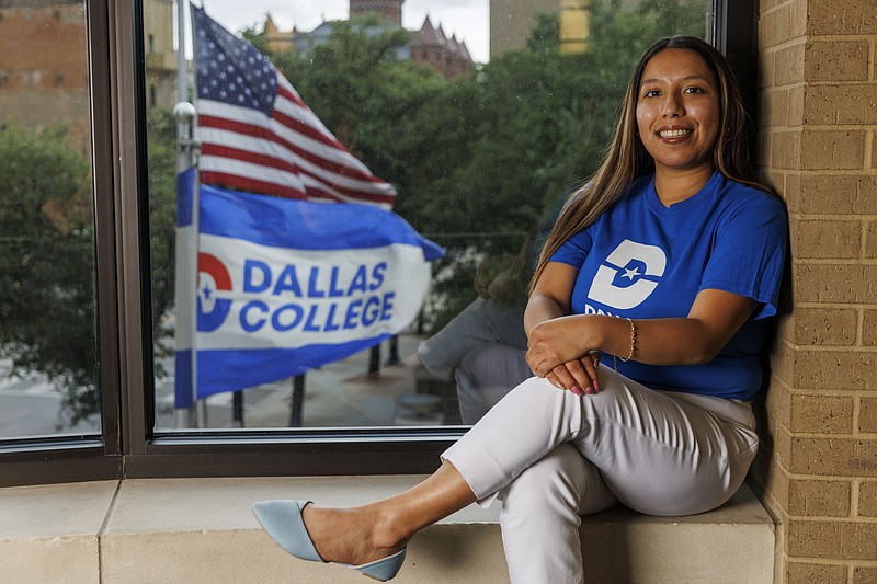 Daisy Donjuan, 24, sits for a portrait at Dallas College El Centro campus on Wednesday, April 19, 2023 in downtown Dallas. When she enrolled in Dallas College after a five-year break in school, she was left to navigate a dizzying array of options and decisions solo as she sought a job outside of retail management. (Elías Valverde II/The Dallas Morning News via AP)