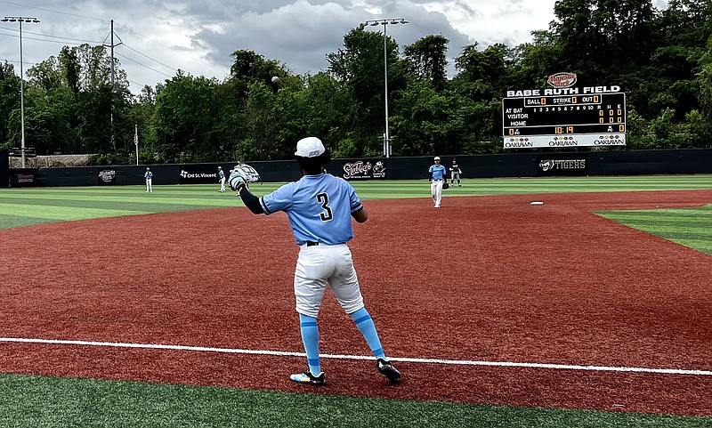 Sophomore Cameron Tyson (3) warms up before a game against Carl Albert State College at Babe Ruth Field at Majestic Park. Babe Ruth field will host the 2023 National Park prospect camp June 1. - Photo by Bryan Rice of The Sentinel-Record