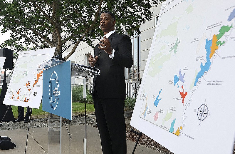 Lewisville mayor Ethan Dunbar speaks during a press conference announcing the engineering teams that will lead community outreach and development of plans for watershed improvements in 14 areas around the state on Monday, May 22, in Little Rock. (Arkansas Democrat-Gazette/Thomas Metthe)