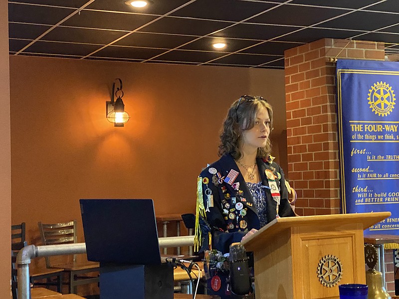 Anakin Bush/Fulton Sun photo: 
Romane Dessy, a foreign exchange student from Belgium, speaks to Rotarians about her experiences over the last year in America. She said it was the greatest experience of her life.