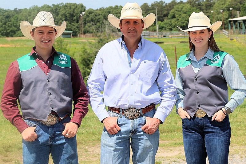 Cole Skender (left) Coach Rusty Jones, and Aubrey Lee prepare for the rodeo competition at Casper, Wyo. (Special to The Commercial/University of Arkansas at Monticello)