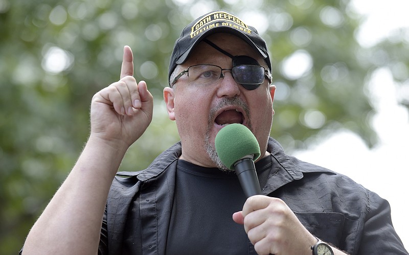 FILE - Stewart Rhodes, founder of the Oath Keepers, speaks during a rally outside the White House in Washington, June 25, 2017.  Rhodes has been sentenced to 18 years in prison for seditious conspiracy in the Jan. 6, 2021, attack on the U.S. Capitol. He was sentenced Thursday after a landmark verdict convicting him of spearheading a weekslong plot to keep former President Donald Trump in power. (AP Photo/Susan Walsh, File)