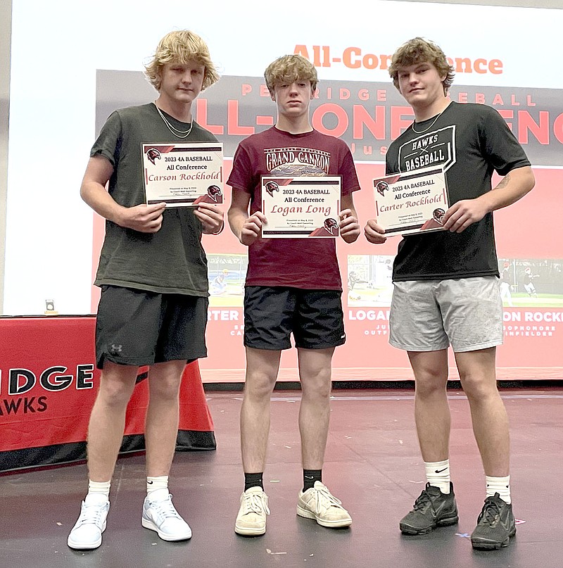 Courtesy photographs
Blackhawk baseball players were honored at an awards ceremony recently. Named to the All-Conference Team were sophomore Carson Rockhold, junior Logan Long and senior Carter Rockhold.