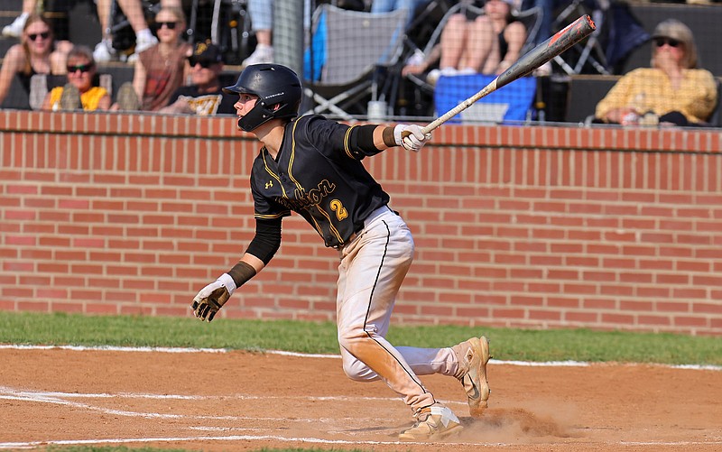 Fulton's Ethan Burt swings at a pitch thrown by St. Charles West's pitcher in the Class 4 Quarterfinal 2 game Thursday at Warrior Field in St. Charles. (Special to Fulton Sun/Pual Baillargeon)