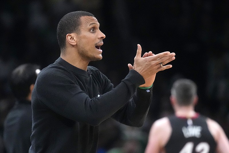 Boston Celtics head coach Joe Mazzulla yells to his team during the first half in Game 5 of an NBA basketball Eastern Conference Final series against the Miami Heat Thursday, May 25, 2023, in Boston. (AP Photo/Charles Krupa )