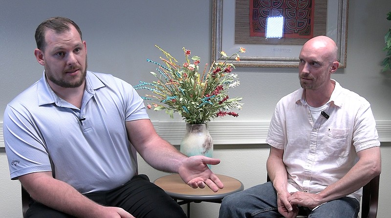 John Striednig, left, and Cory Morris recently graduated as two of the first five cohort graduates through NPC's partnership with SAU for a bachelor's degree program. – Photo by Courtney Edwards of The Sentinel-Record