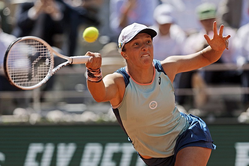 Poland's Iga Swiatek returns the ball to Jessica Pegula of the U.S. during the French Open at the Roland Garros stadium on June 1, 2022, in Paris. - Photo by Jean-Francois Badias of The Associated Press