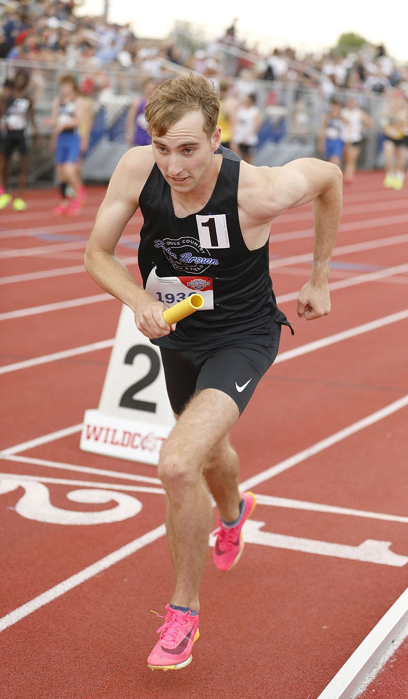 Nicholas Robinson/JBU Sports Information
John Brown's Drew Birnbaum runs a leg of the 4x800-meter relay during the NAIA National Outdoor Track & Field Championships inside the Track & Field Complex on May 24, 2023 in Marion, Ind.