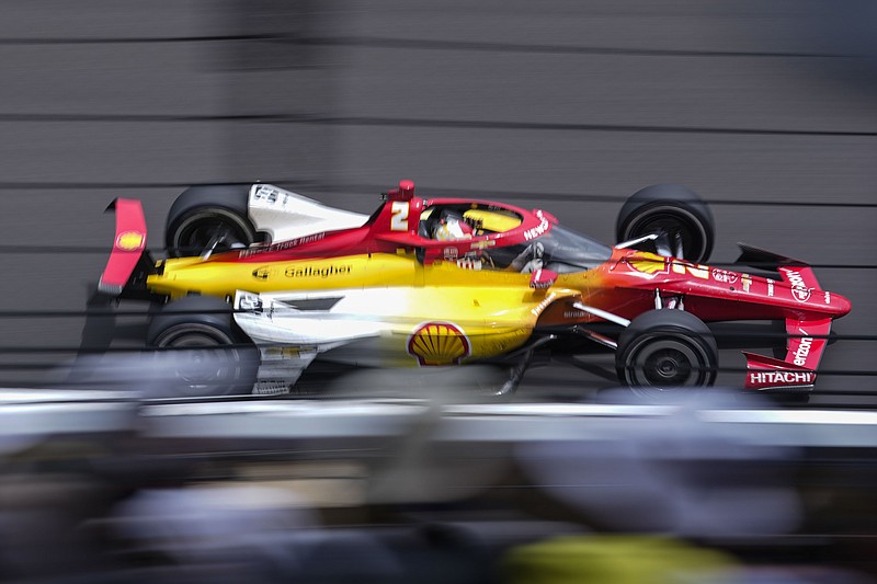 Josef Newgarden drives down the front straightaway during the Indianapolis 500 auto race at Indianapolis Motor Speedway in Indianapolis, Sunday, May 28, 2023. (AP Photo/AJ Mast)