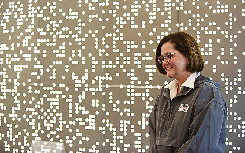 Chancellor Summer DeProw stands in front of the LED wall in the recently renovated Science Building at the University of Arkansas - Pulaski Technical College campus in North Little Rock on Friday, Jan. 13, 2023.
(Arkansas Democrat-Gazette/Staci Vandagriff)