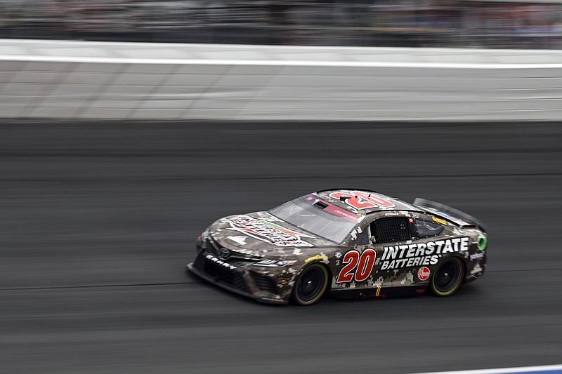 Christopher Bell (20) competes during a NASCAR Cup Series auto race at Charlotte Motor Speedway, Monday, May 29, 2023, in Concord, N.C. (AP Photo/Matt Kelley)