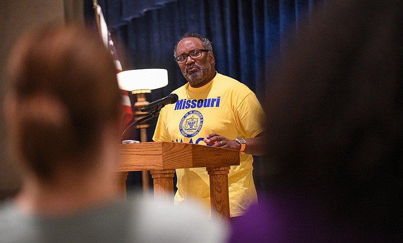 Julie Smith/News Tribune photo: 
Nimrod Chapel was one of several speakers Tuesday, May 30, 2023, during a state Capitol Rotunda rally by Missourians to Abolish the Death Penalty. Chapel is president of the NAACP Missouri and board chair of MADP and asked the question "when will we stop executing people" during his speech.