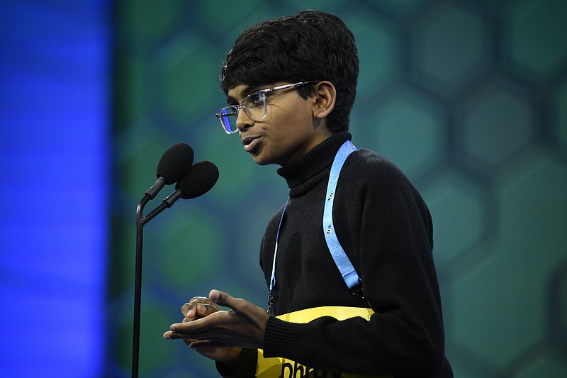 Dhruv Subramanian, 12, from San Ramon, Calif., competes during the Scripps National Spelling Bee, Wednesday, May 31, 2023, in Oxon Hill, Md. (AP Photo/Nick Wass)