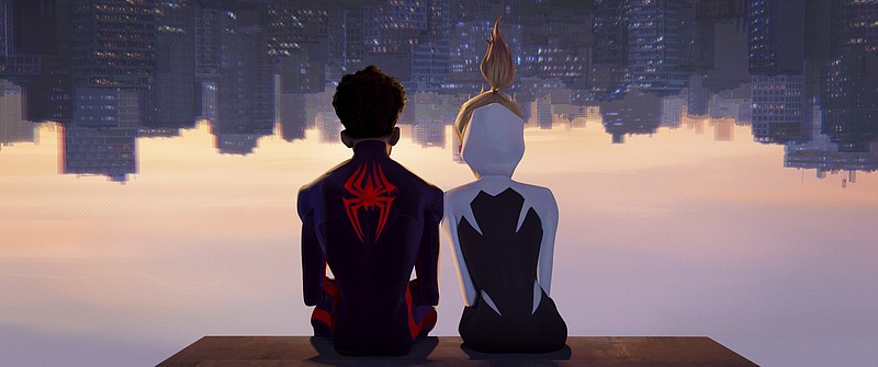 This image released by Sony Pictures Animation shows Miles Morales as Spider-Man, voiced by Shameik Moore, left, and and Spider-Gwen, voiced by Hailee Steinfeld, in a scene from Columbia Pictures and Sony Pictures Animation's &quot;Spider-Man: Across the Spider-Verse.&quot; (Sony Pictures Animation via AP)