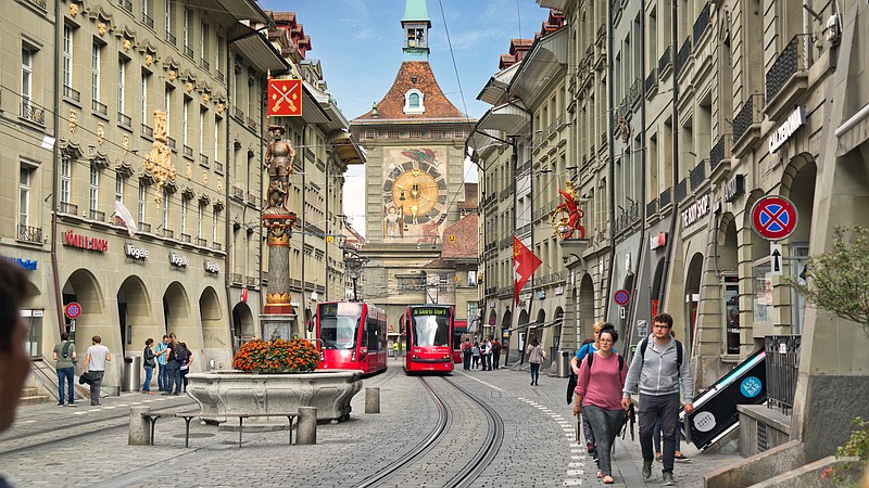 Berns famous clock tower, part of the original wall around the city, looms at the head of Marktgasse street.