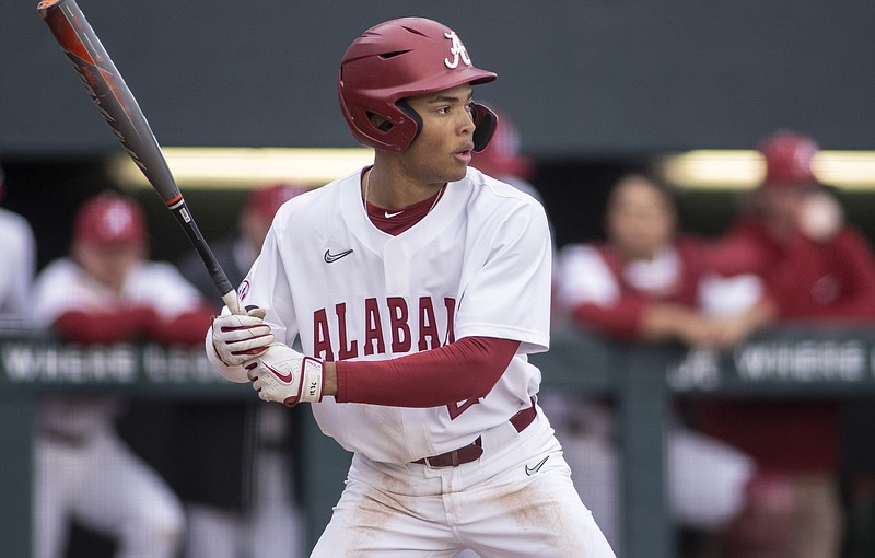 FILE - Alabama's Andrew Pinckney bats against Xavier during an NCAA college baseball game Feb. 18, 2022, in Tuscaloosa, Ala. Alabama is led by second-team All-SEC outfielder Pinckney, leading hitter Tommy Seidl and top starter Luke Holman. (AP Photo/Vasha Hunt, File)