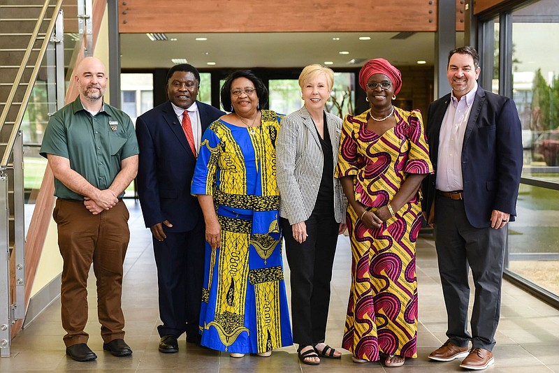 Officials at the meeting with the U.N. Forests Director included Michael Blazier, Jerome Ngundue, Sarah Ngundue, UAM Chancellor Peggy Doss, U.N. Director Juliette Biao Koudenoukpo, and Jeff Weaver. (Special to The Commercial/University of Arkansas at Pine Bluff)
