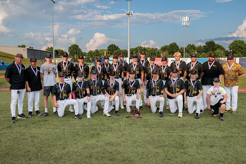 Fulton's baseball team poses for a photo with their fourth-place trophy and medals after it lost to Excelsior Springs in the Class 4 third-place game Thursday at Sky Bacon Stadium in Ozark. (Shawley Photography/Courtesy)
