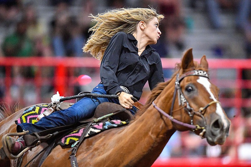 Katie Jo Halbert of Port Lavaca, Texas, competes in barrel racing, Wednesday, May 31, 2023, during day three of the Old Fort Days Rodeo inside Harper Stadium at Kay Rodgers Park in Fort Smith. Visit nwaonline.com/photo for today's photo gallery.
(River Valley Democrat-Gazette/Hank Layton)