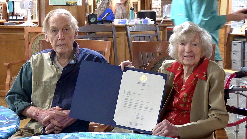 Stanley Dodd, left, and Mary Jo Dodd recently celebrated their 67th wedding anniversary, receiving a letter congratulating them from Gov. Sarah Huckabee Sanders. – Photo by Courtney Edwards of The Sentinel-Record