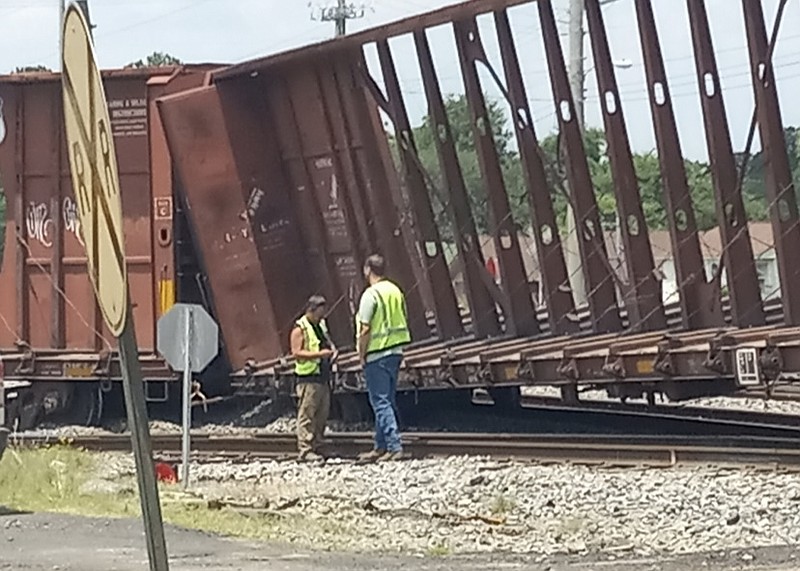 A train car derailment blocks traffic in Hope, Arkansas, on Friday, June 2, 2023. No one was injured and no hazardous materials were involved in the incident. Two cars derailed about noon Friday. (Submitted photo by Aaron George)