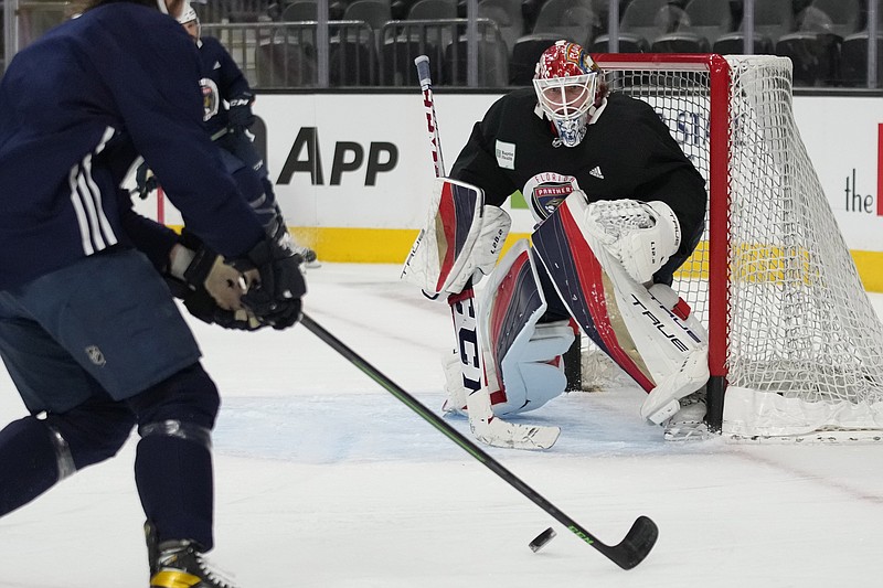 Florida Panthers goaltender Sergei Bobrovsky (72) takes part during an NHL hockey practice Friday, June 2, 2023, in Las Vegas. (AP Photo/John Locher)