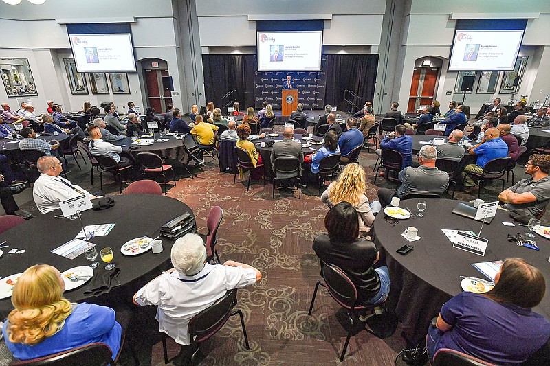 Jacob Oliva (center), secretary for the Arkansas Department of Education, speaks, Friday, June 2, 2023, at the Fort Smith Regional Chamber of Commerces First Friday Breakfast Series inside the Reynolds Room of the Smith-Pendergraft Campus Center at the University of Arkansas-Fort Smith in Fort Smith. Visit nwaonline.com/photo for today's photo gallery.
(River Valley Democrat-Gazette/Hank Layton)