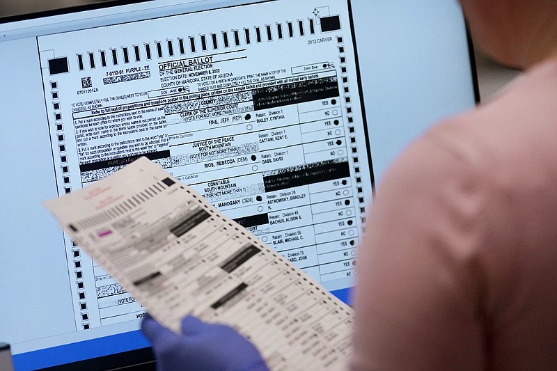 FILE - An election worker verifies a ballot on a screen inside the Maricopa County Recorders Office, Nov. 10, 2022, in Phoenix.  On Friday, June 2, 2023, The Associated Press reported on stories circulating online incorrectly claiming newly released video shows election officials in Arizonas Maricopa County illegally conducting “secret” voting equipment tests ahead of last Novembers contested midterms.  (AP Photo/Matt York, File)