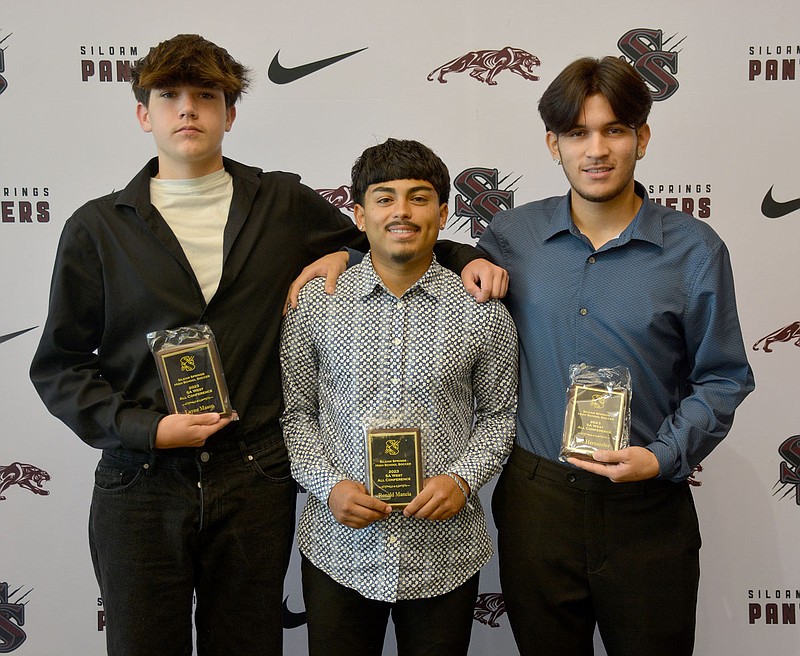 Graham Thomas/Herald-Leader
Siloam Springs boys soccer players (from left) Layne Mason, Ronald Mancia and Lee Hernandez earned 5A-West All-Conference honors for the 2023 season.