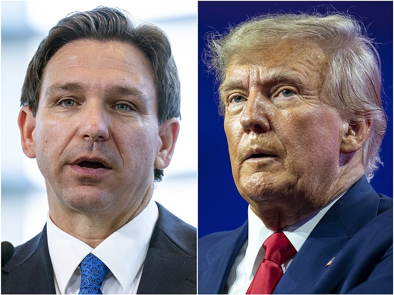FILE - This combination of photos shows Florida Gov. Ron DeSantis speaking on April 21, 2023, in Oxon Hill, Md., left, and former President Donald Trump speaking on March 4, 2023, at National Harbor in Oxon Hill, Md.  In his first week on the campaign trail as a presidential candidate, Gov. DeSantis repeatedly hit his chief rival, Donald Trump, from the right. DeSantis told a conservative radio host, “This is a different guy than 2015, 2016." Meanwhile, Trump has repeatedly attacked DeSantis from the left, suggesting Floridas new six-week abortion ban is “too harsh” and arguing DeSantis votes to cut Social Security and Medicare in Congress will make him unelectable in a general election. (AP Photo/Alex Brandon, File)