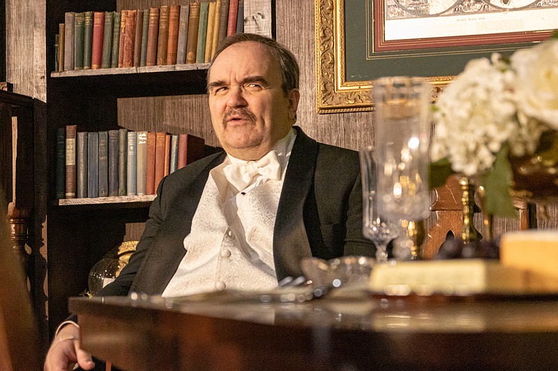 Josh Cobb/News Tribune photo: Greg Barnes as Arthur Birling rehearses for the play "An Inspector Calls" during the Stained Glass Theatre's rehearsal on Tuesday evening, June 6, 2023. The play will be performed June 15-17 and 22-24.