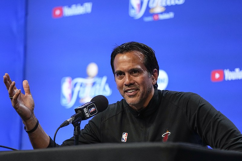 Miami Heat head coach Erik Spoelstra speaks to reporters after Game 2 of basketball's NBA Finals against the Denver Nuggets, Sunday, June 4, 2023, in Denver. The Heat won 111-108. (AP Photo/Mark J. Terrill)