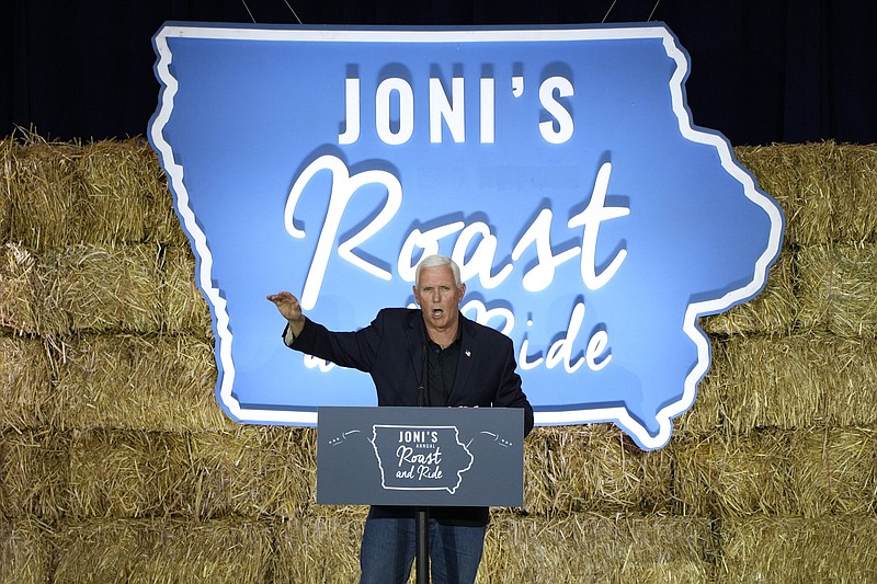 Former Vice President Mike Pence speaks during U.S. Sen. Joni Ernst's Roast and Ride, Saturday, June 3, 2023, in Des Moines, Iowa. (AP Photo/Charlie Neibergall)