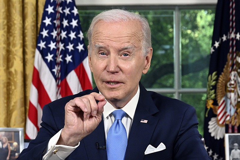 FILE - President Joe Biden addresses the nation on the budget deal that lifts the federal debt limit and averts a U.S. government default, from the Oval Office of the White House in Washington, June 2, 2023. Default derailed, Biden pivots to foreign policy this week, welcoming the leaders of two European allies, Denmark and Britain, that have played a pivotal role in the nascent effort to train -- and eventually equip -- Ukraine with modern fighter aircraft including the U.S.-made F-16s. (Jim Watson/Pool via AP, File)