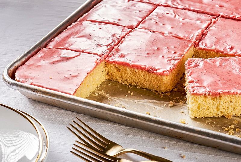 Vanilla Sheet Cake with Strawberry Glaze. Photo for The Washington Post by Rey Lopez.