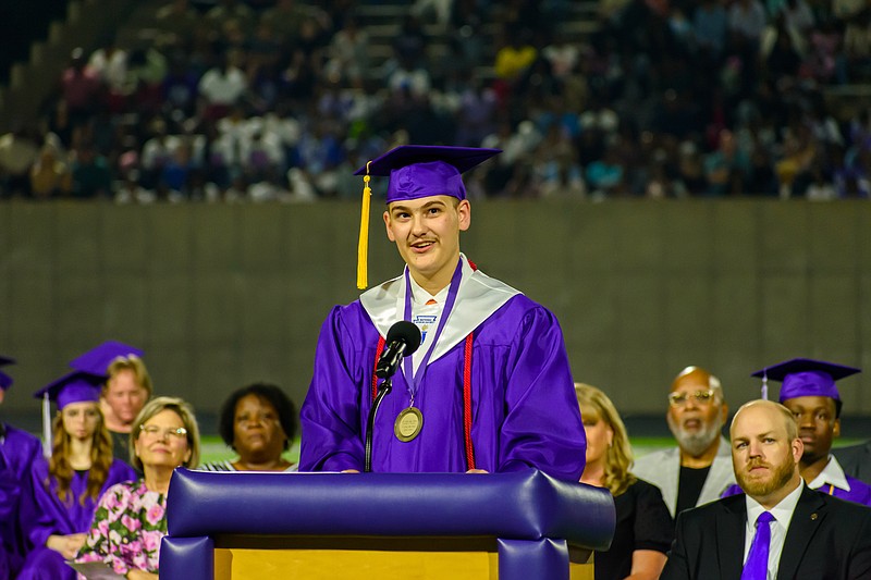 JR Stipp-Bethune, pictured here speaking during El Dorado High School's graduation ceremony on May 22, was selected as a 2023 National Merit Finalist. (Courtesy of Taylon Steele/Special to the News-Times)