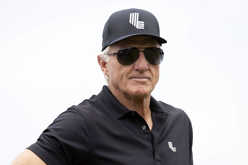 LIV Golf CEO Greg Norman looks on during the final round of LIV Golf DC at Trump National, Sunday, May 28, 2023, in Sterling, Va. (Chris Trotman/LIV Golf via AP)