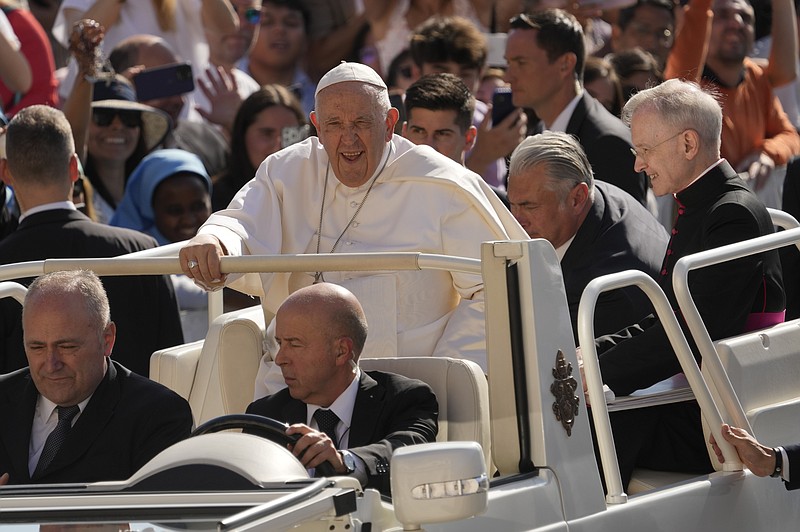 Pope Francis arrives for his weekly general audience in St. Peter's Square at The Vatican, Wednesday, June 7, 2023. (AP Photo/Andrew Medichini)