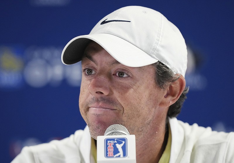 Rory McIlroy speaks to the media about the deal merging the PGA Tour and European tour with Saudi Arabia's golf interests at the Canadian Open golf tournament in Toronto on Wednesday, June 7, 2023. (Nathan Denette/The Canadian Press via AP)